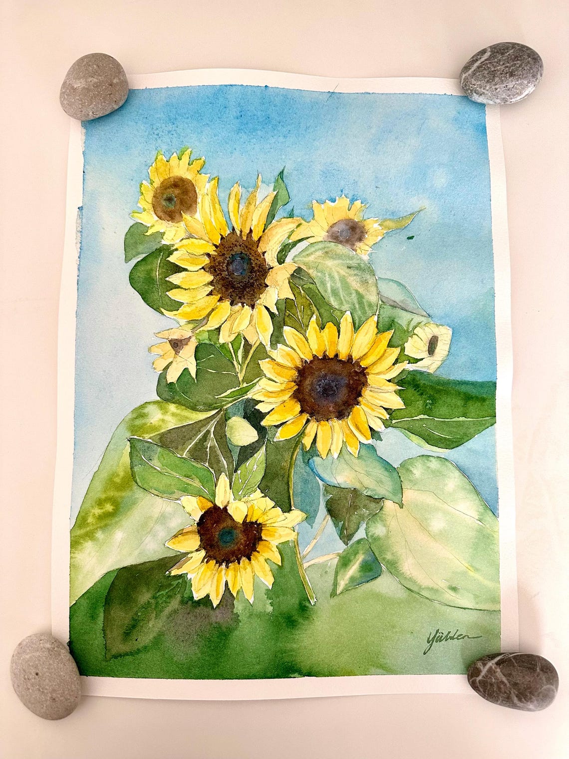 Sunflowers Under a Bright Blue Sky Watercolor Floral Art Poster