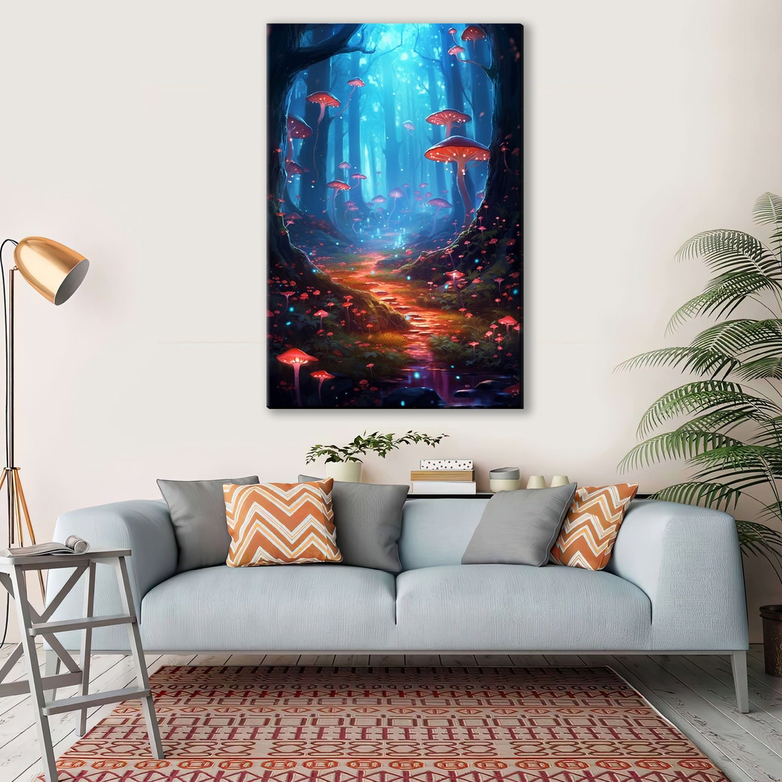 Enchanted Forest Glowing Mushrooms Magical Blue Night Poster - Image 3