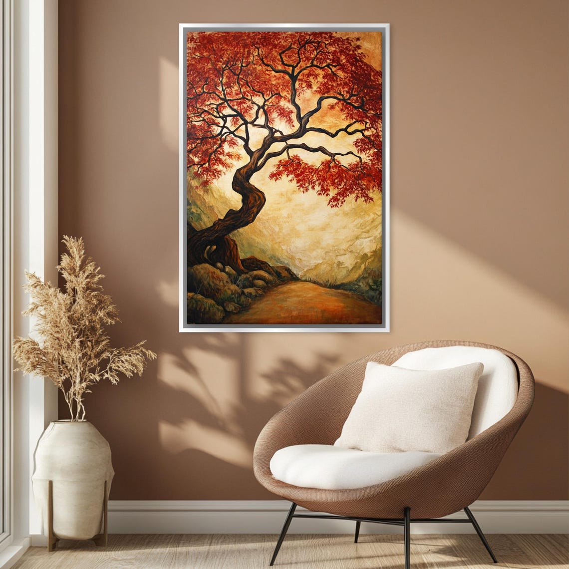 Twisted Red Maple Tree Autumn Foliage Golden Light Painting Wall Art - Image 4