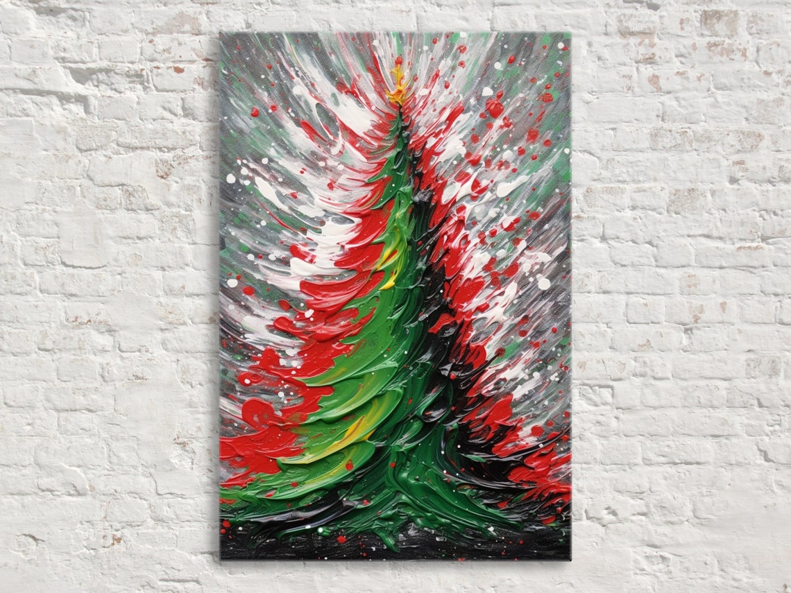 Abstract Christmas Tree Red Green White Swirl Palette Knife Art Print