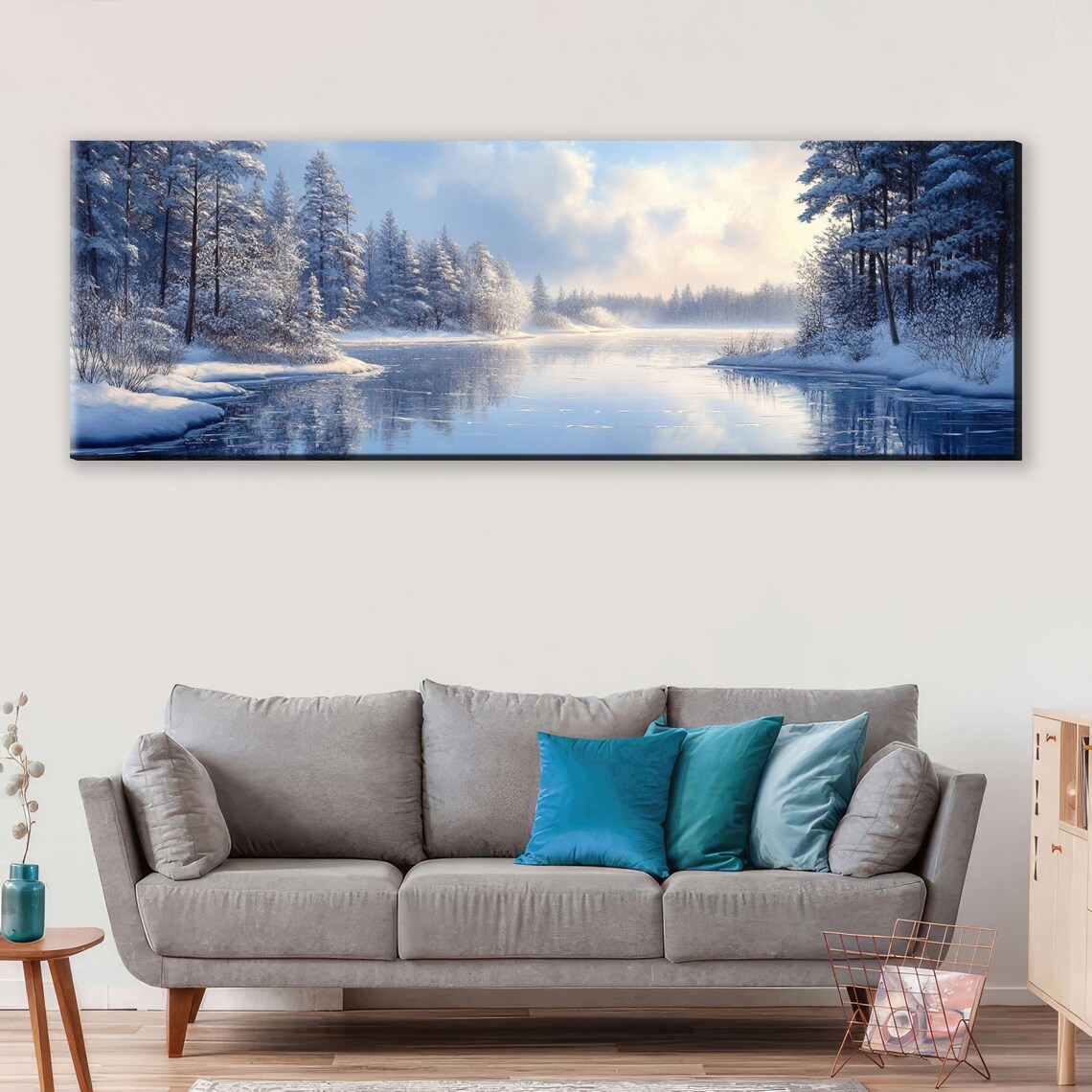 Serene Winter Lake Snowy Pines Still Water Soft Morning Sky Art Poster - Image 5