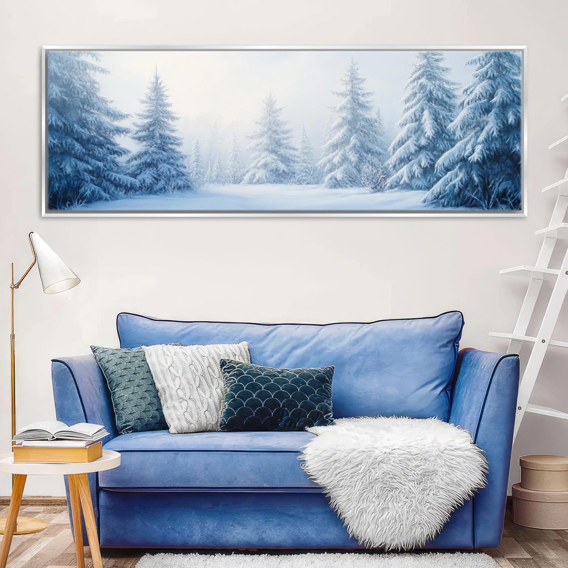 Snowy Blue Pine Forest Winter Trees Misty Still Night Panoramic Poster