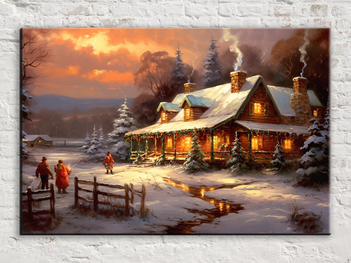 Holiday Gathering Christmas Scene, Kinkade-Inspired Poster