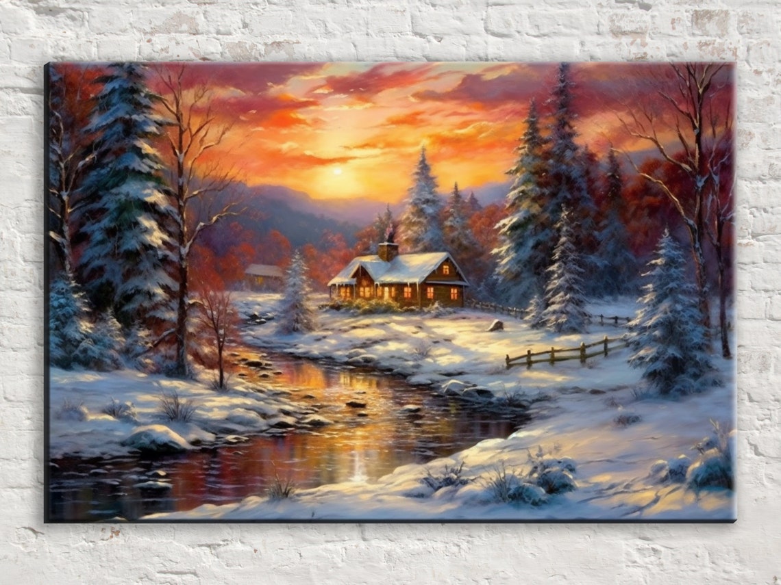 Winter Cabin Sunset Snowy Pines Stream Glowing Windows Cozy Art Print