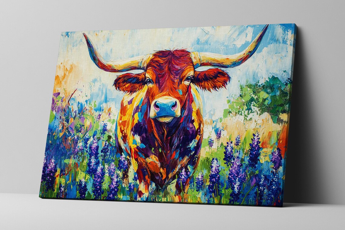 Texas Longhorn in Bluebonnets Art Print, Western Decor - Image 2