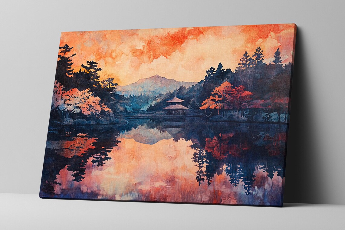 Japanese Temple Sunrise Over Mirror Lake Watercolor Travel Poster Art - Image 2