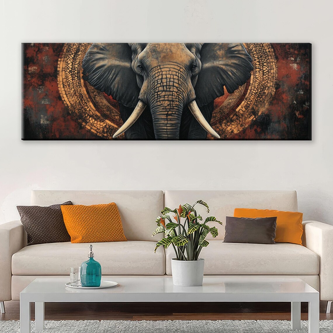 African Elephant Portrait Golden Mandala Bronze Warm Panoramic Art Poster - Image 5
