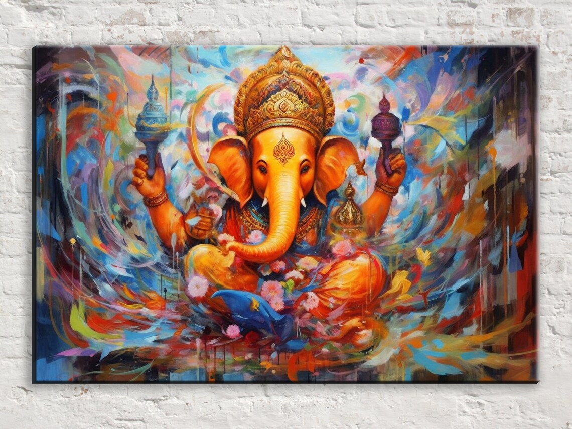 Ganesha Hindu God Colorful Mythology Painting Spiritual Wall Art Print