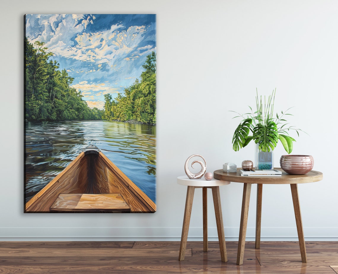 Wooden Canoe Bow Calm Forest River Blue Sky Adventure Wall Art - Image 3