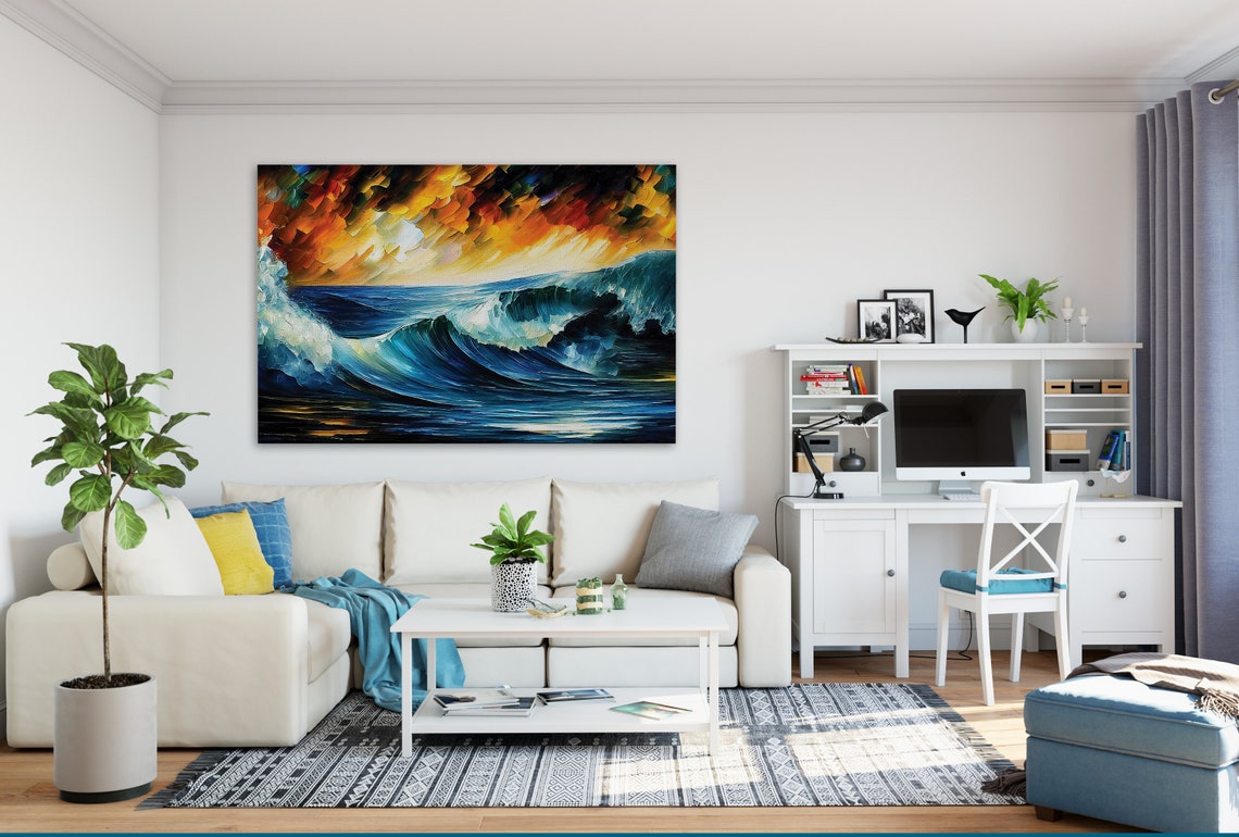 Ocean Wave at Sunset Deep Blue Surf Dramatic Sky Oil Paint Poster - Image 2
