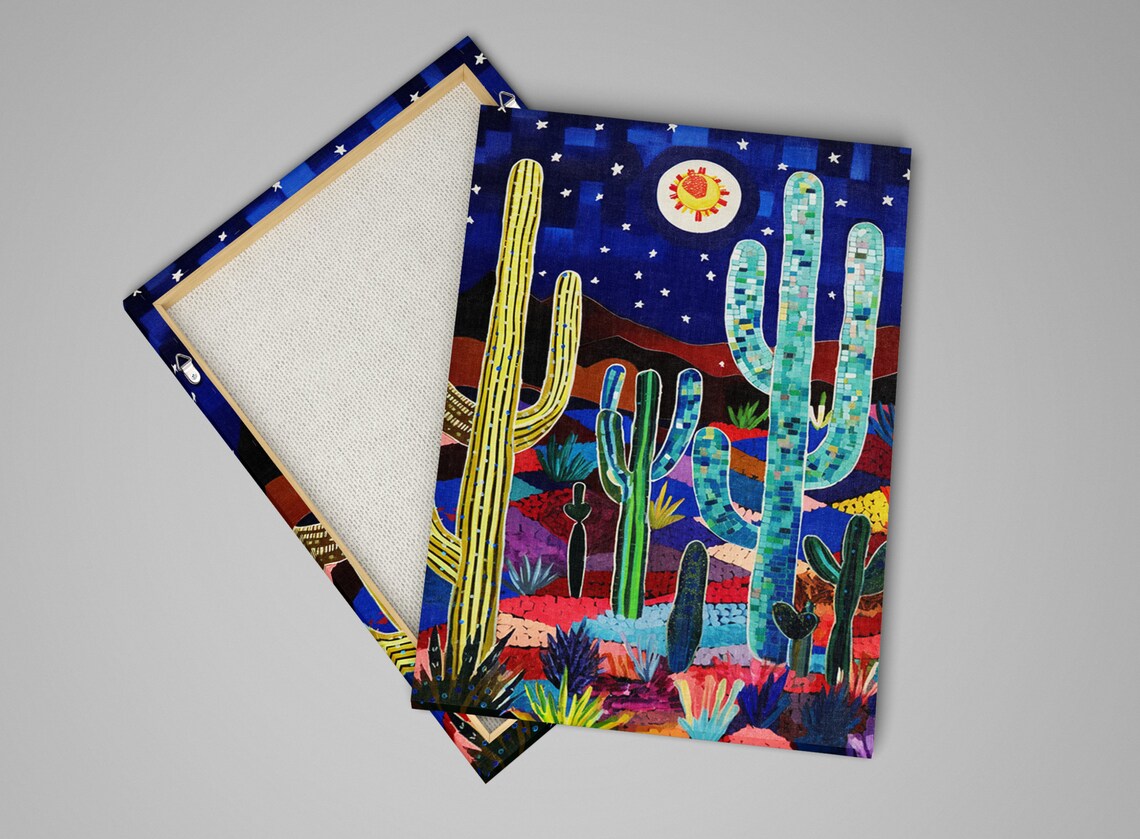 Starry Desert Night Moon Mosaic Cactus Colorful Southwest Poster - Image 3