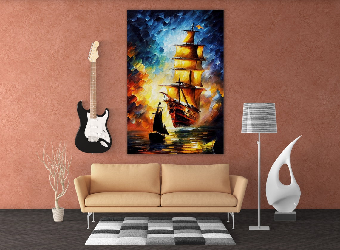 Tall Ship Golden Sails Sunset Ocean Voyage Oil Painting Art Poster - Image 4