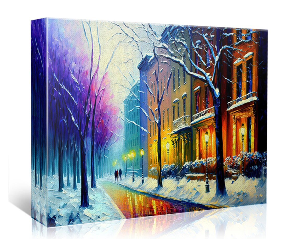 Winter Snowy City Street Brownstone Houses Lamp Glow Evening Poster - Image 5