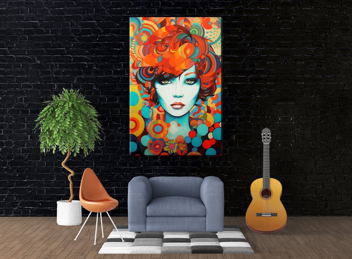 Art Deco Woman Portrait Orange Curly Hair Geometric Style Poster - Image 3