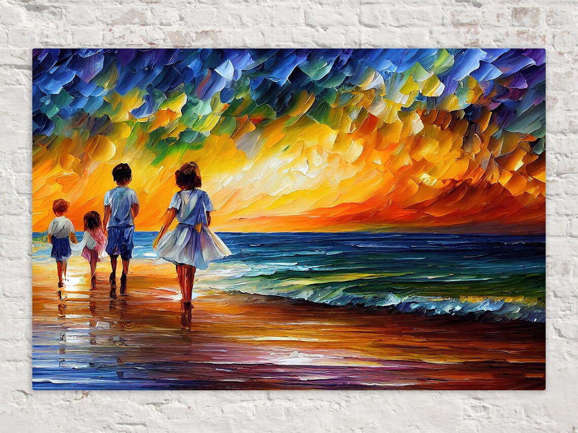 Children Walking Beach Sunset Colorful Ocean Family Art Poster