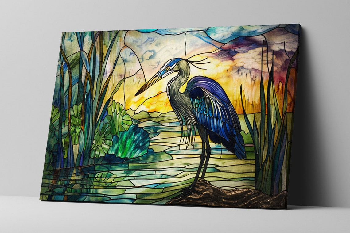 Blue Heron Stained Glass Sunset Wetlands Leaded Panel Art Poster - Image 5