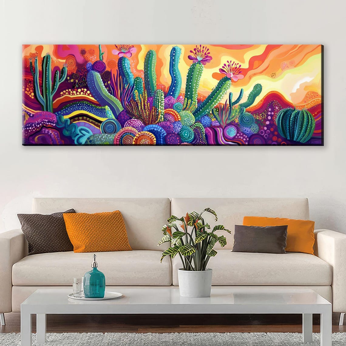 Saguaro Cactus Desert Sunset Psychedelic Colors Panoramic Wall Art - Image 5