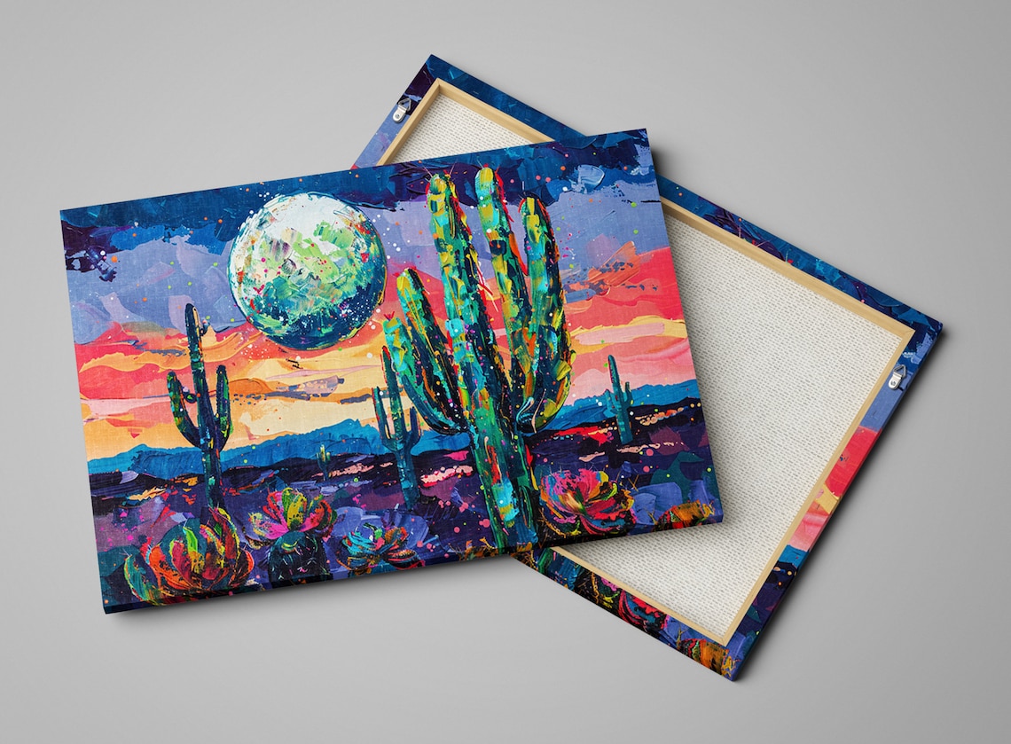 Desert Moonrise Saguaro Cactus Colorful Twilight Impasto Poster - Image 3