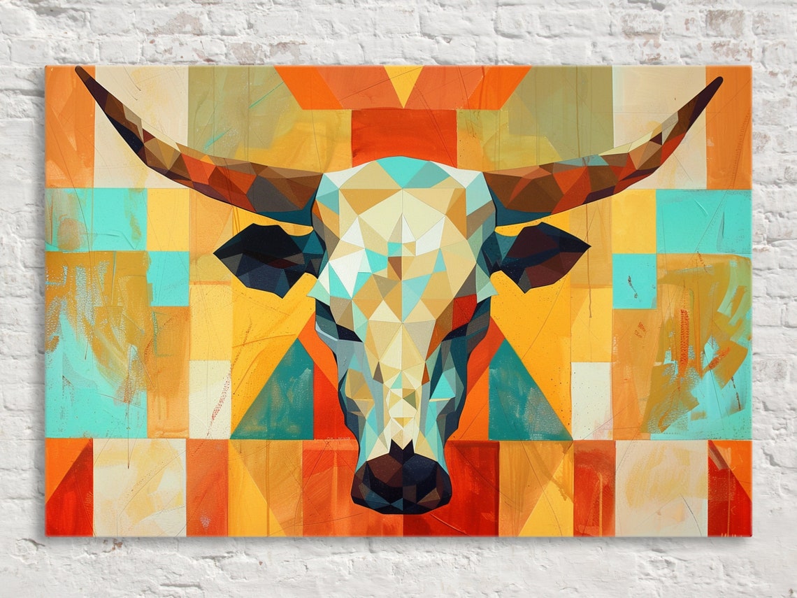 Mid Century Geometric Longhorn Steer Head Orange Teal Wall Art Poster