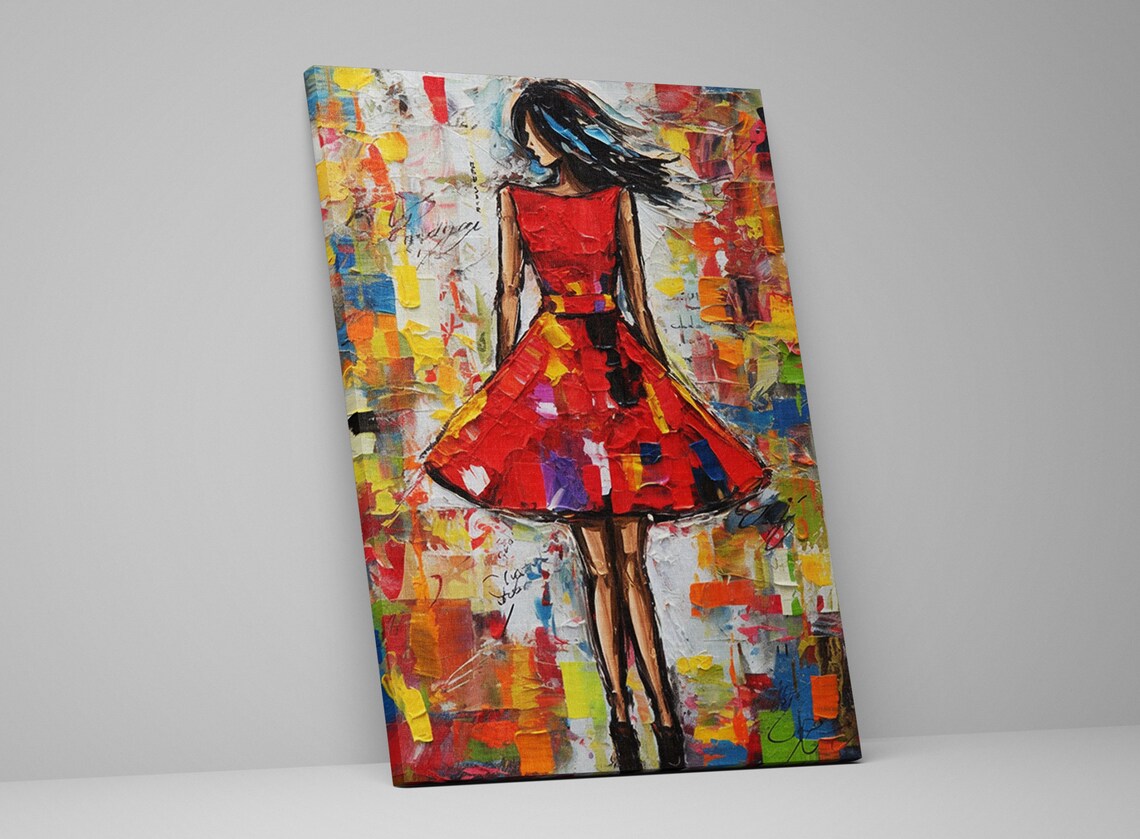 Woman in Red Dress Impasto Painting Elegant Back View Poster - Image 5