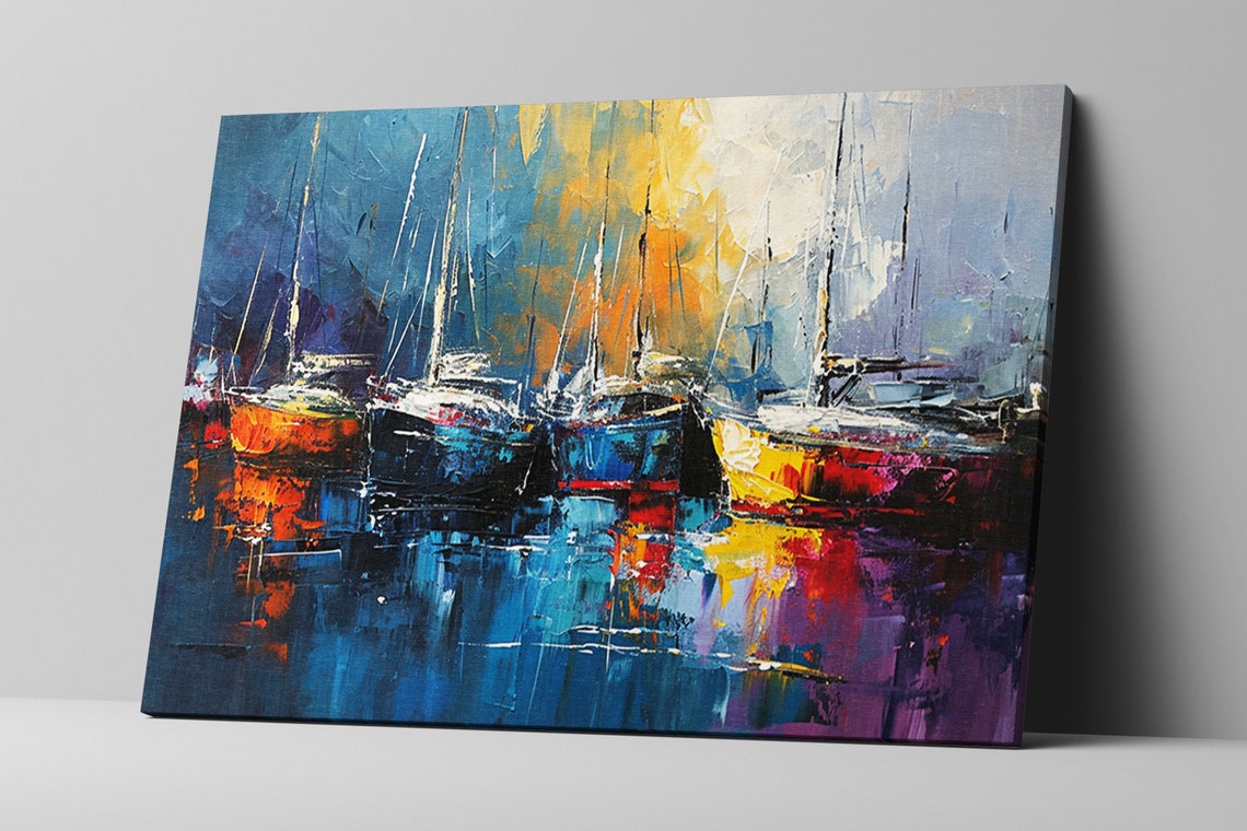 Sailboats Docked Harbor Blue Orange Impressionist Reflection Poster - Image 5