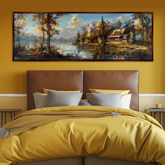Rustic Cabin On The Lake Panoramic Framed Or Unframed Long Horizontal Gallery Wrapped Gicle Ready To Hang Extra Large Wall Art