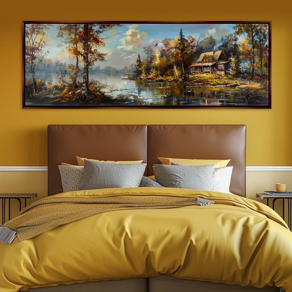 Rustic Cabin On The Lake Panoramic Framed Or Unframed Long Horizontal Gallery Wrapped Gicle Ready To Hang Extra Large Wall Art