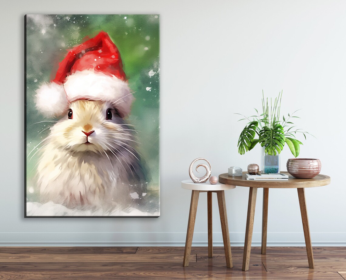 Adorable Bunny In Santa Hat Snowy Winter Cute Rabbit Art Wall Poster - Image 2