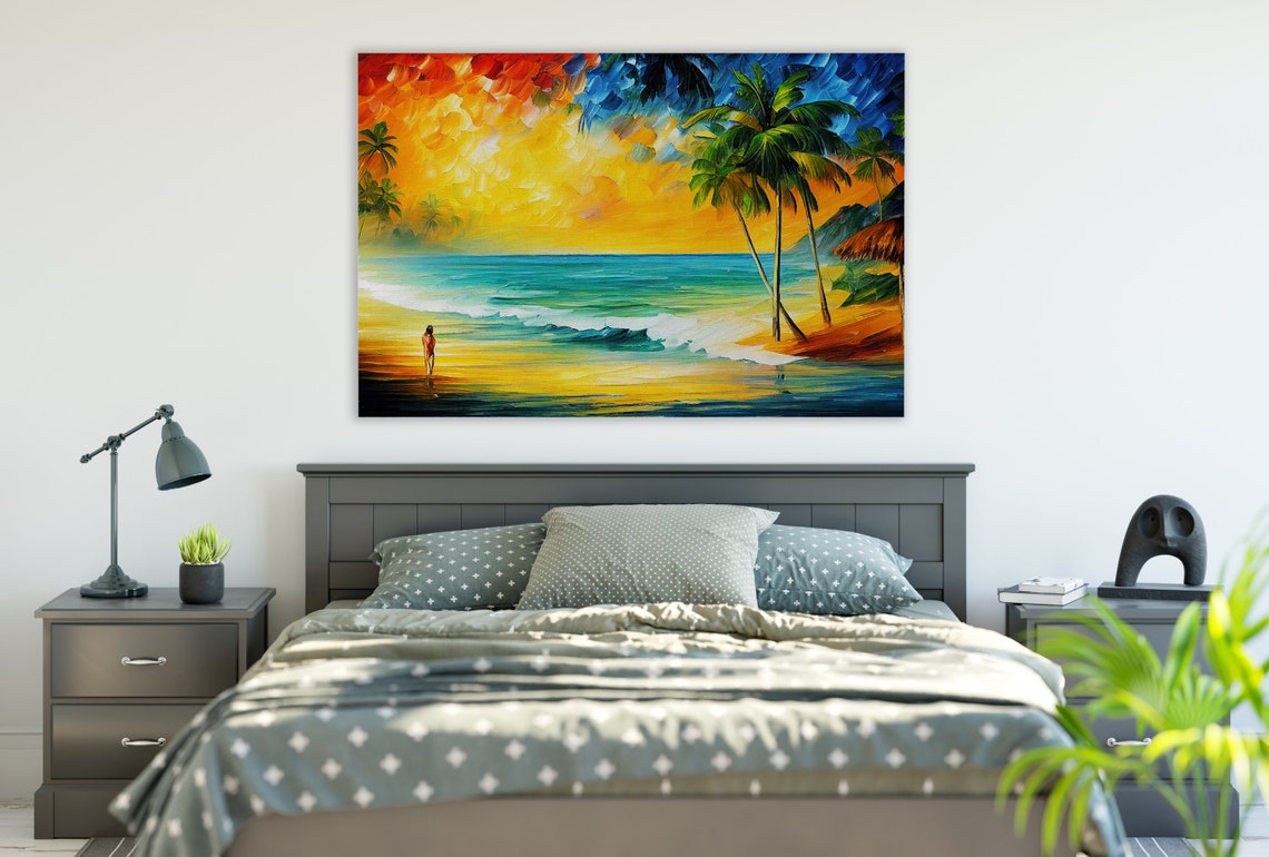 Tropical Sunset Beach Lone Figure Palm Trees Golden Ocean Poster - Image 2