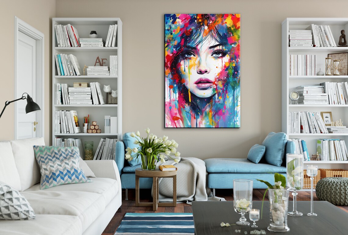 Woman Face Watercolor Portrait Colorful Paint Drips Art Poster - Image 2