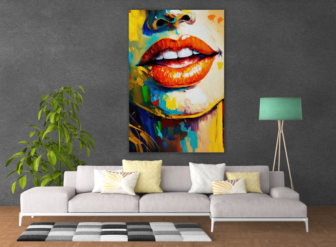Red Lips Seductive Mouth Pop Art Feminine Colorful Oil Painting Large Wall Art Print - Image 3