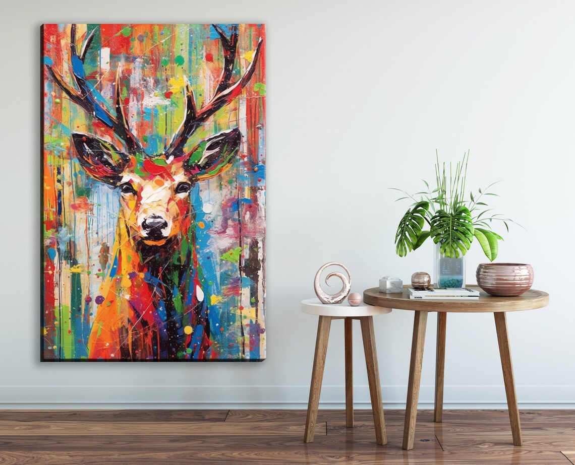 Deer Head Pop Art Splash Colorful Paint Drip Bold Modern Animal Poster - Image 3
