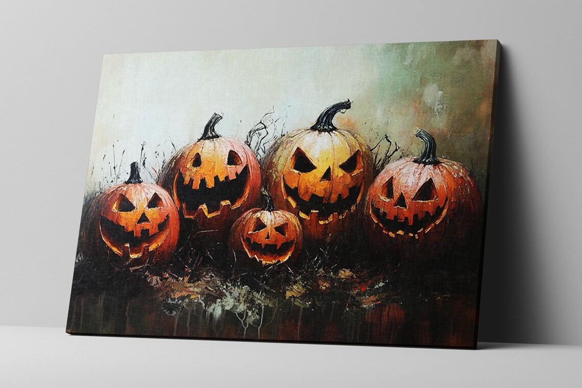 Creepy Jack O Lantern Pumpkins Halloween Grinning Faces Spooky Wall Art - Image 2