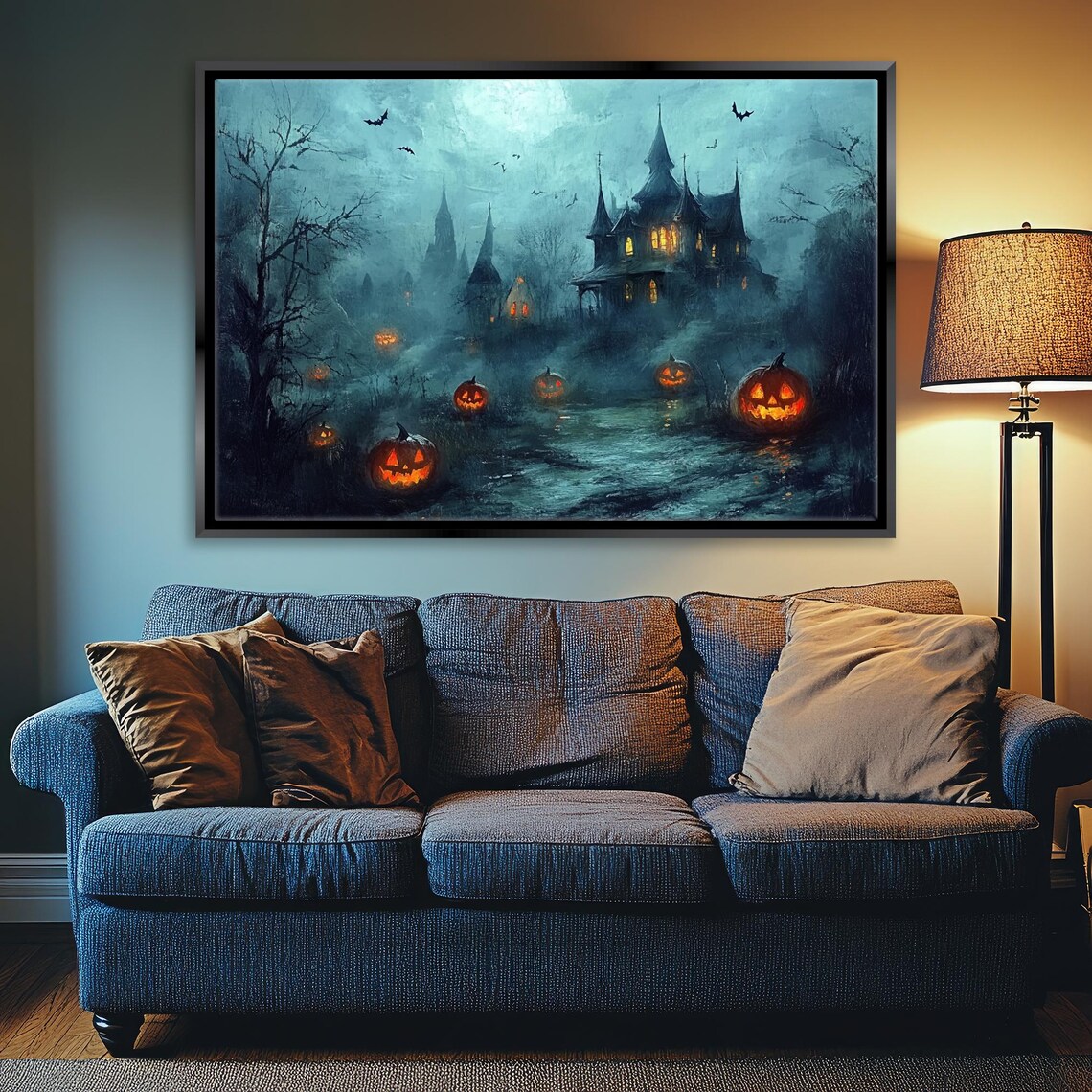 Spooky Haunted House Night Jack O Lanterns Moonlight Halloween Wall Art