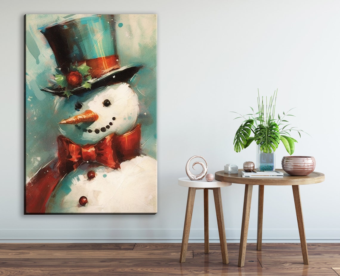 Vintage Frosty Snowman Top Hat Red Bow Tie Classic Christmas Art Print - Image 2