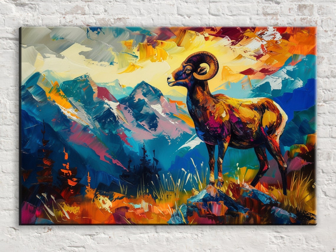 Bighorn Sheep Rocky Peak Sunset Gazing Impressionist Wildlife Poster