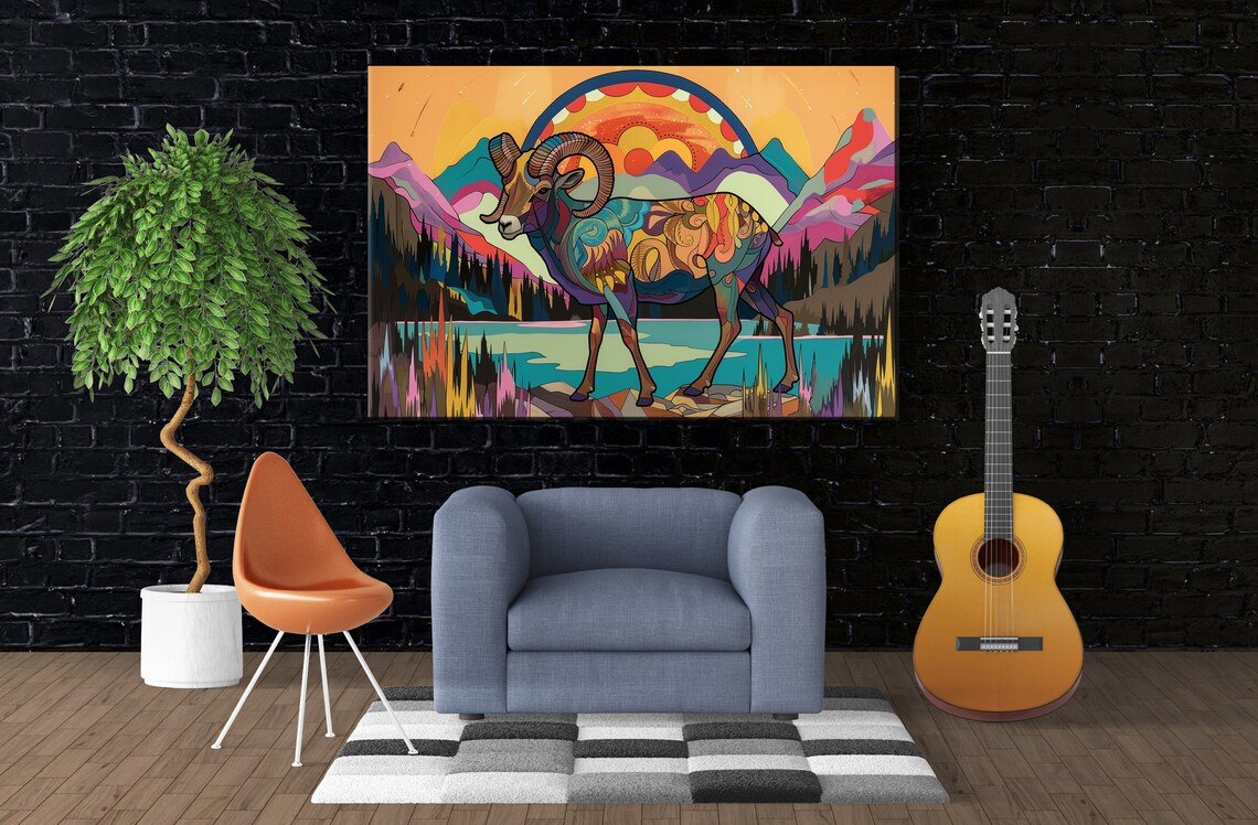 Colorful Bighorn Sheep Mountain Lake Psychedelic Collage Art Poster - Image 3