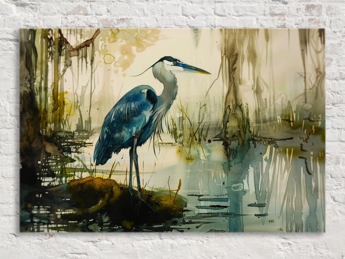 Blue Heron Cypress Swamp Watercolor Misty Reflections Art Poster
