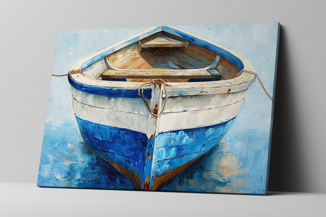 Tranquil Waters Rustic Blue Wooden Boat Print Giclee Print On Gallery Wrapped Artist Available In Extra Large Sizes - Image 5