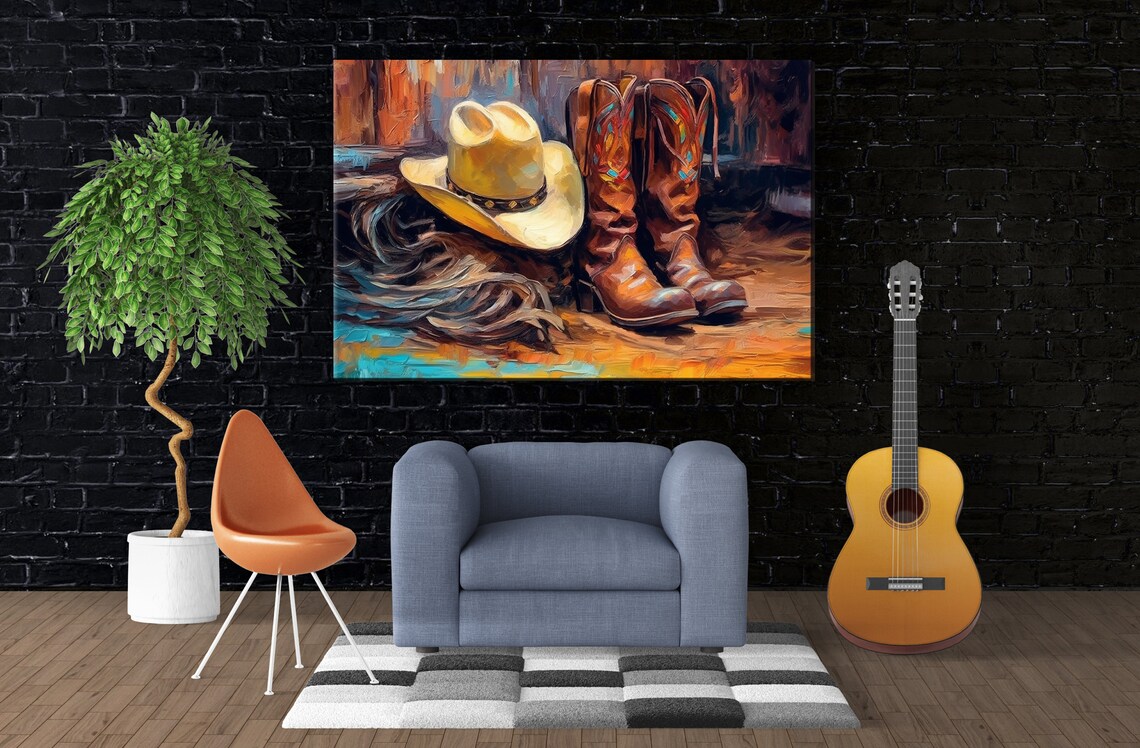 Texas Cowboy Boots and Hat Art Print, Western Decor - Image 3