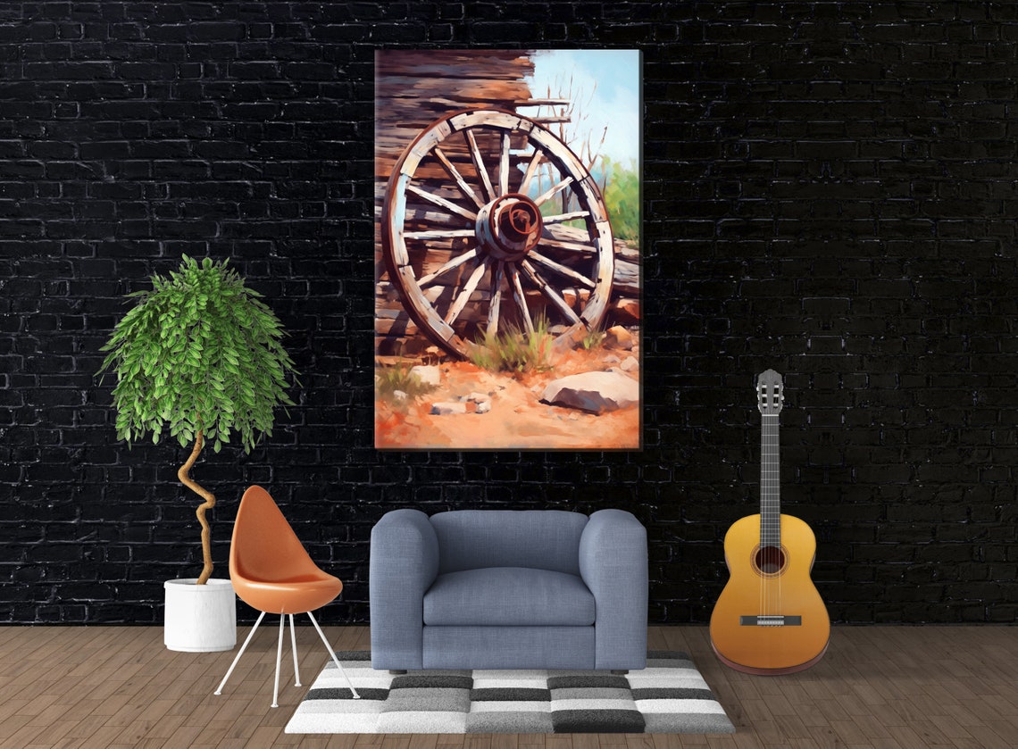 Vintage Wagon Wheel Old Log Barn Rustic Western Farmhouse Poster - Image 2