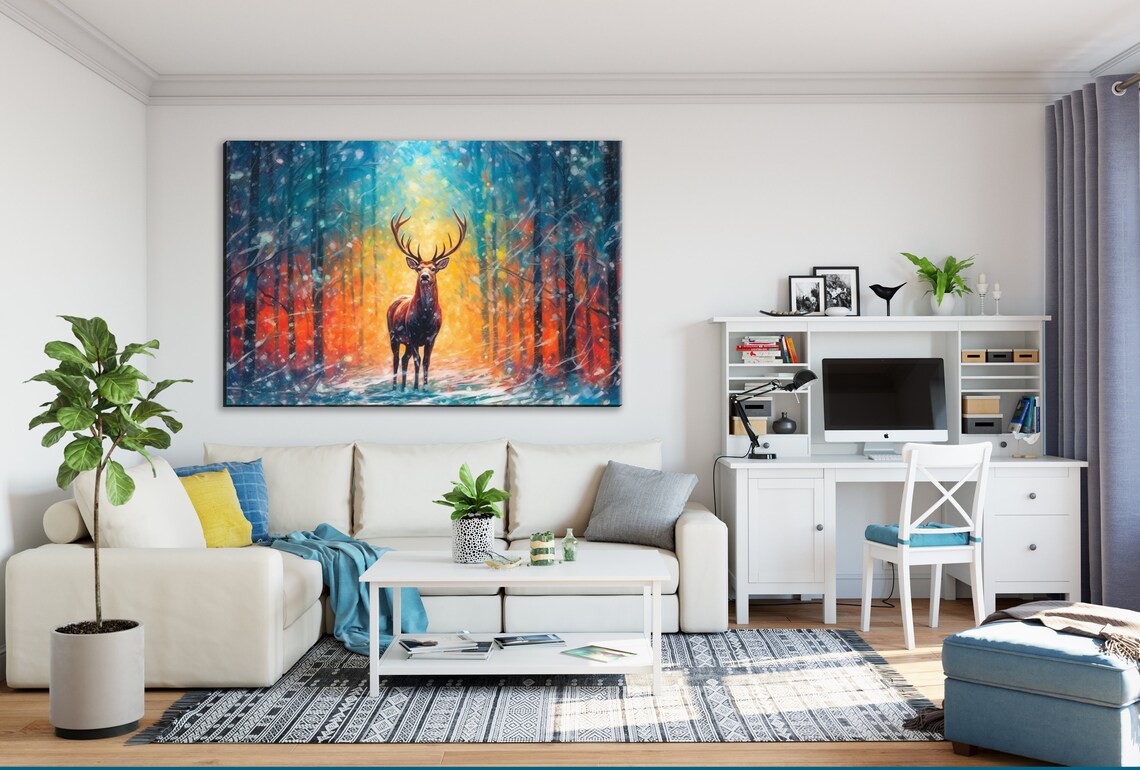 Noble Stag Glowing Winter Forest Snowy Night Ethereal Animal Art Print - Image 3