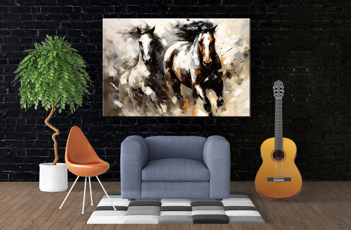 Pair of Galloping Pinto Horses Abstract Equine Running Poster - Image 3