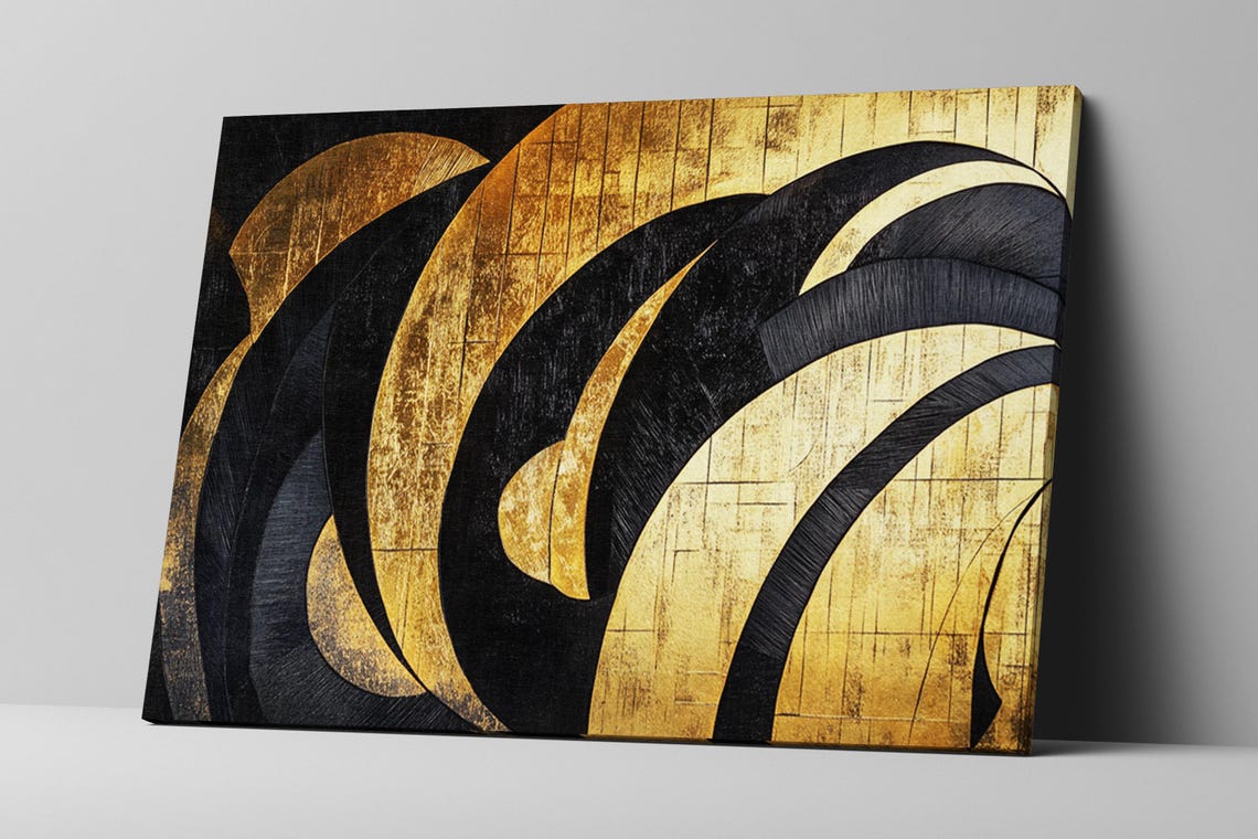 Black And Gold Swirling Abstract Wave Art Elegant Modern Wall Poster - Image 2