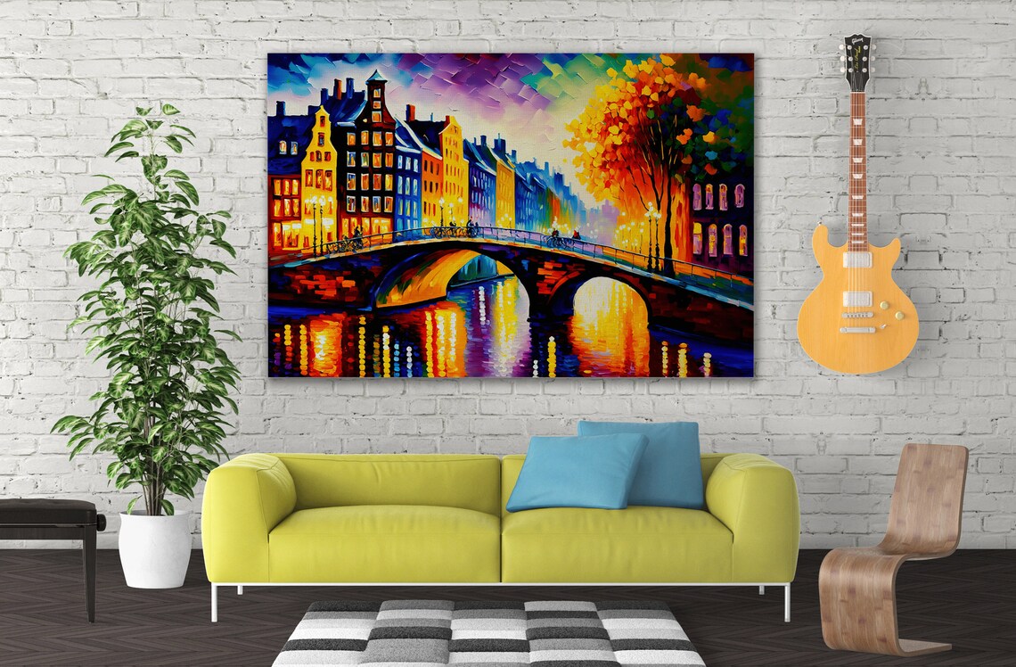 Amsterdam Canal Bridge Sunset Colorful Houses Autumn Tree Poster - Image 3