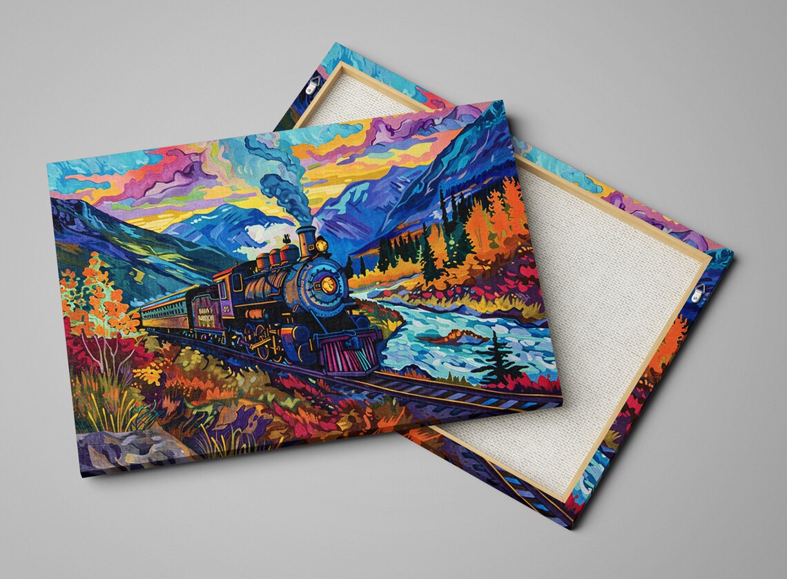 Steam Train River Canyon Autumn Sunset Pop Art Locomotive Poster - Image 3