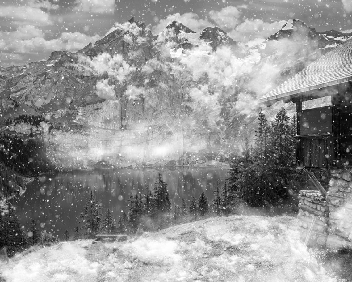 Snowy Mountain Lake Cabin Winter Black White Vintage Photo Art Poster