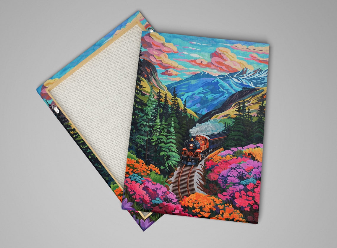 Steam Train Pink Flower Meadow Mountain Valley Pop Art Rail Poster - Image 4