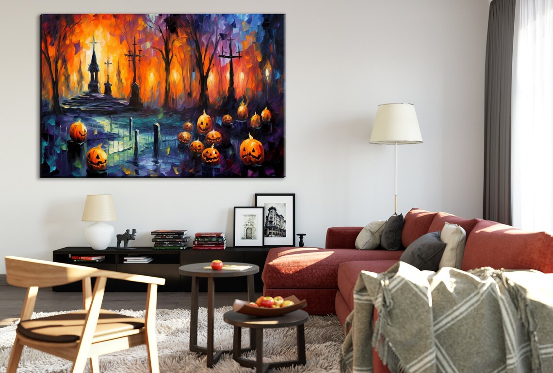 Spooky Halloween Graveyard Jack-O-Lanterns Oil Painting Style Art Print - Image 2
