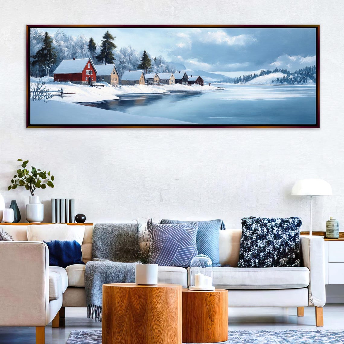Red Boathouses On Snowy Winter Lake Calm Still Water Panoramic Poster